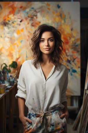 Portrait of a beautiful young woman artist with long wavy hair in a white shirt with a palette on the background of an oil paintingの素材