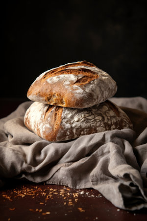 Freshly baked bread on a wooden table with linen cloth. Dark background.の素材