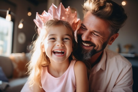 Portrait of a happy father and daughter in crowns at home.の素材