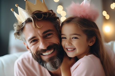 Cute little girl and her handsome dad wearing crowns at homeの素材