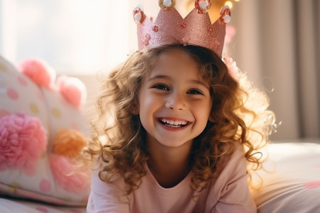 portrait of smiling little girl in princess crown looking at camera at homeの素材