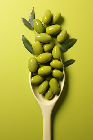Green olives in a wooden spoon on a green background, top viewの素材