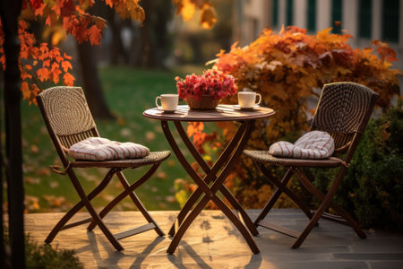Autumn terrace with two chairs and a cup of coffee.の素材