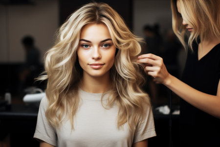 Professional hairdresser doing hairstyle to beautiful young woman in beauty salonの素材