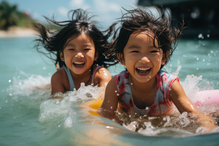 Happy asian children playing in the swimming pool. Cute little girls having fun on summer vacation.の素材