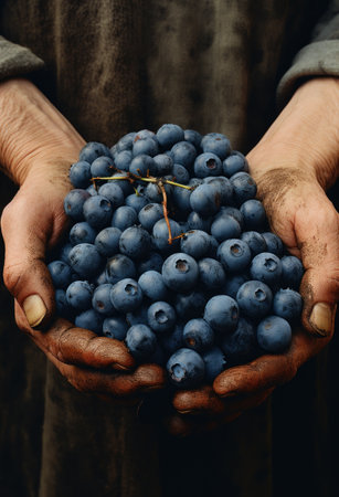 Hands of senior woman holding fresh ripe blueberries. Concept of healthy nutrition.の素材
