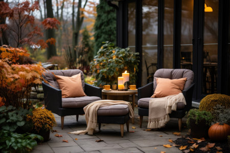 Autumn terrace with cozy armchairs, candles and plaidsの素材