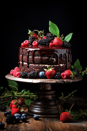 Chocolate cake with fresh berries on a dark background. Selective focus.の素材