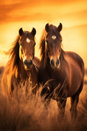 Two horses in the meadow at sunset. Beautiful landscape with wild horses.の素材