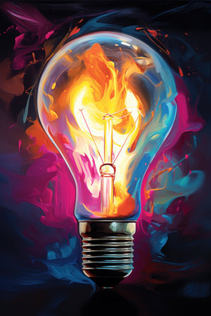 Light bulb with fire inside on black background. 3D illustration.の素材
