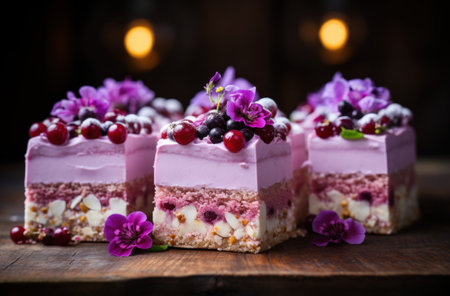 Piece of raspberry cake with fresh berries on a wooden table.の素材