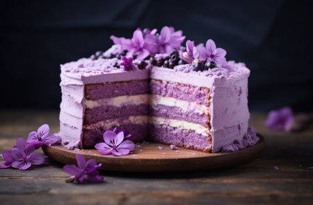 Homemade cake with blueberry on a wooden plate. Selective focus.の素材