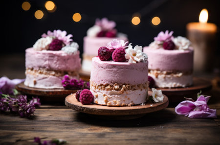 Homemade cake with raspberry and cream on a wooden background. Selective focus.の素材