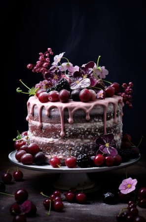 Homemade cherry cake decorated with fresh berries and flowers. Selective focus.の素材