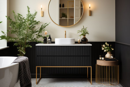 Stylish bathroom interior with black bathtub, mirror and decorative plantsの素材