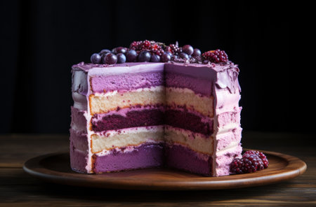 Piece of blueberry and blackberry cake on a wooden tableの素材