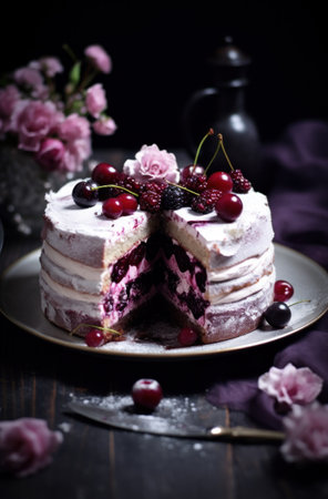 Cake with berries on a dark background. Selective focus.の素材