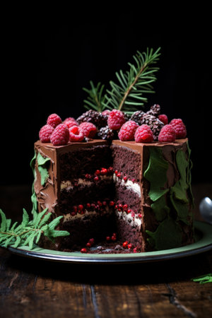 Chocolate cake with raspberries and blackberries on a dark backgroundの素材