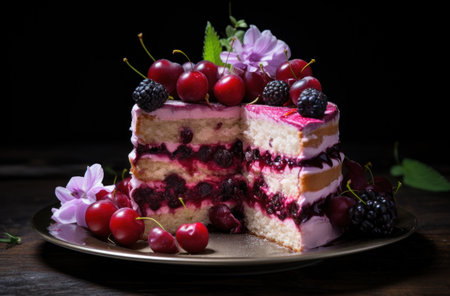 Piece of cake with berries on a dark background. Selective focus.の素材