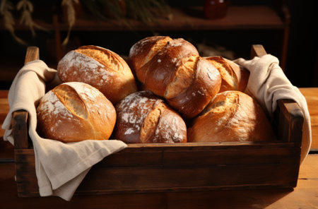 Freshly baked bread in wooden box on wooden table, closeupの素材