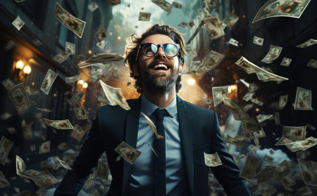 A rich man in a suit and glasses is standing on the background of falling dollar bills.の素材