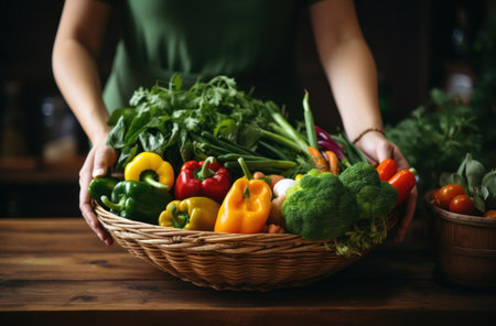 Close-up of woman holding basket with fresh vegetables in the kitchenの素材