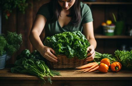 Young woman is holding a basket with fresh vegetables in the kitchen.の素材