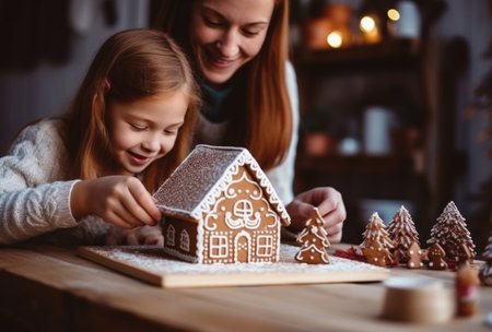 Young mother and her little daughter decorating gingerbread house at homeの素材