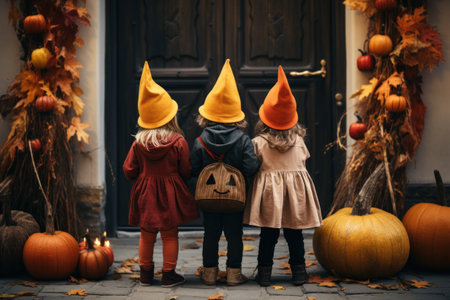 Three little girls in halloween costumes with pumpkins on the porch of the houseの素材