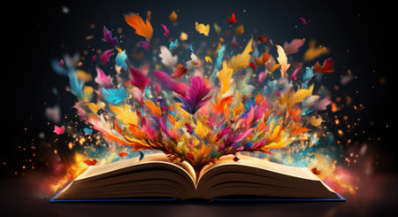 Book with colorful leaves flying out of pages. Colorful autumn conceptの素材