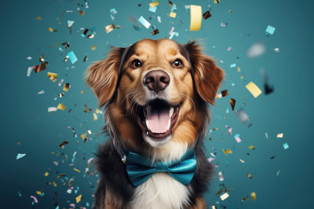 Funny dog with bow tie and confetti on blue background.の素材