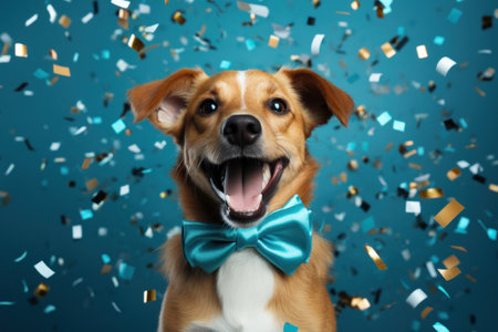 Funny dog with bow tie and confetti on blue background.の素材