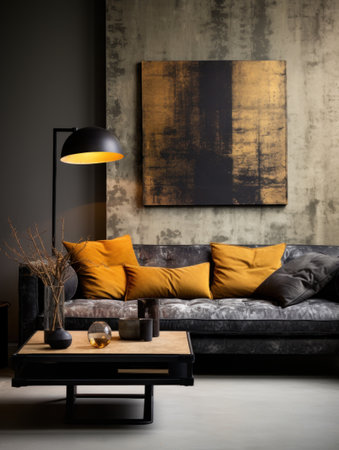 Interior of modern living room with brown sofa, coffee table and lampの素材