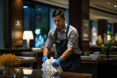 asian male staff cleaning table in hotel restaurant. young man working in restaurantの素材