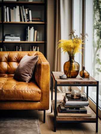 Interior of modern living room with brown leather sofa and bookcaseの素材
