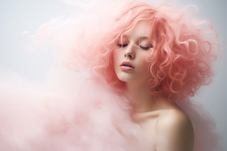Beautiful young woman with pink hair blowing in the wind. Studio shot.の素材