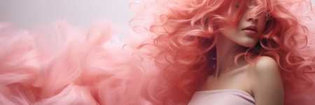 Beautiful girl with pink curly hair. Portrait of a beautiful woman with red hair.の素材