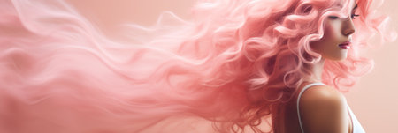 Beautiful young woman with pink curly hair. Horizontal banner.の素材
