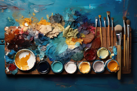 Paintbrushes and palette with gouache on wooden table, top viewの素材