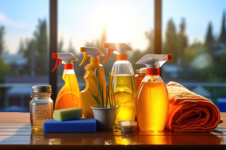 Cleaning products on a wooden table in a room with a large windowの素材