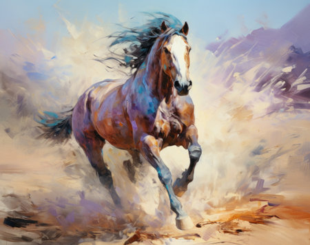 Horse running in the desert. Digital painting. Oil painting.の素材