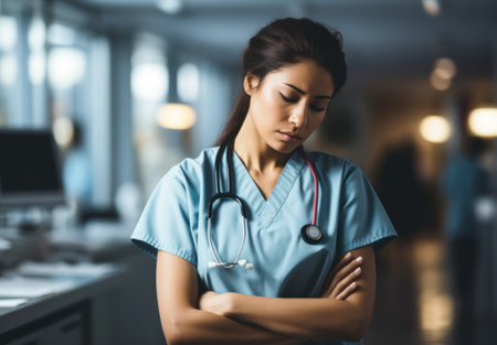 Serious female doctor with arms crossed standing in hospital corridor. Young female nurse wearing blue uniform and stethoscope. Medicine and healthcare conceptの素材