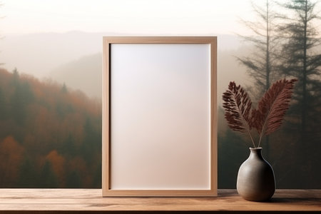 Blank picture frame on wooden table with nature background. Mock up, 3D Renderingの素材