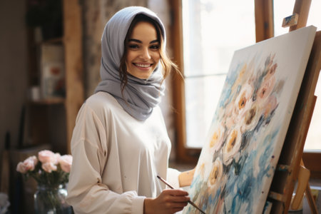 Smiling muslim woman in hijab painting on canvas in art studioの素材