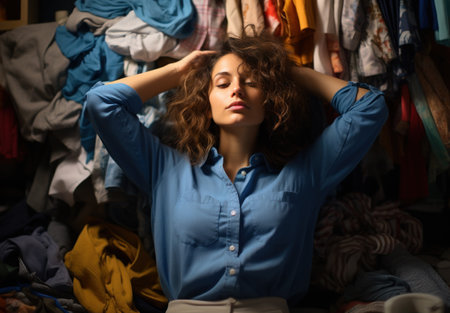 Young beautiful woman sitting in the room with a lot of clothes.の素材