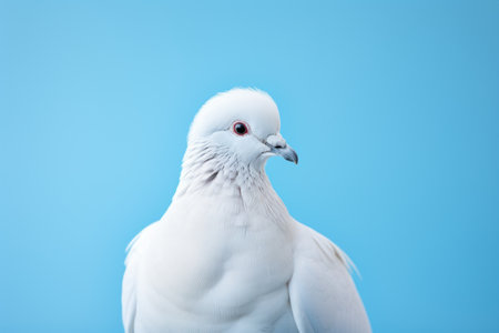 White pigeon isolated on blue background. Close up. Copy space.の素材