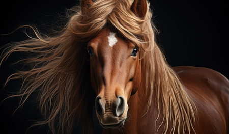 Close-up portrait of a horse with long mane on black backgroundの素材