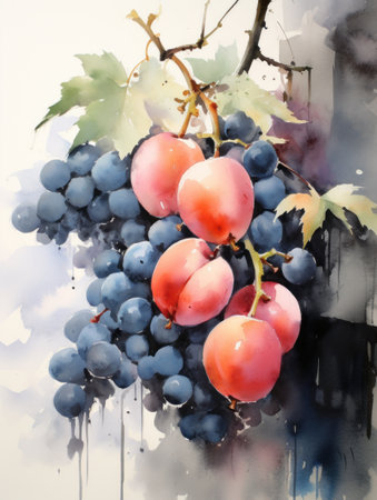 Watercolor painting of a bunch of red and blue grapes on a branch.の素材