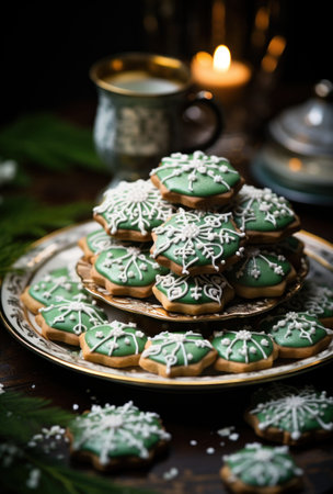 Christmas cookies with snowflakes on a dark background. tinting. selective focusの素材