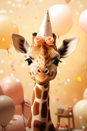 Cute funny giraffe with birthday hat and balloons on color backgroundの素材